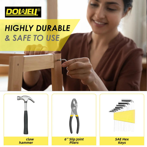 Woman using Yellow 40 Piece Home Tool Set With Plastic Toolbox Case for furniture assembly, shows claw hammer, pliers, hex keys