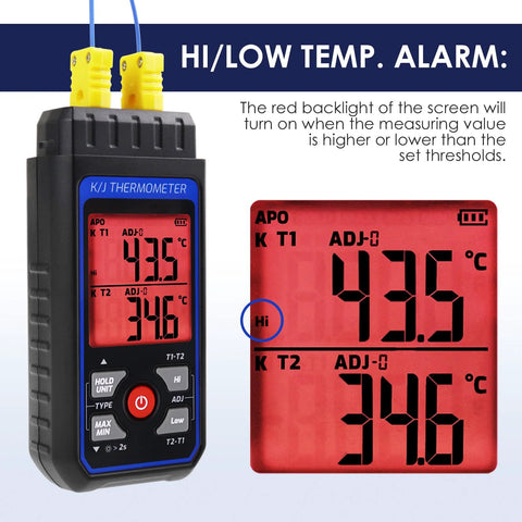 Dual-channel K/J thermocouple thermometer; handheld black meter with blue trim and four K-type probes, backlit display
