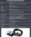 Beefy Nine-Axis Industrial Grade Accelerometer Inclinometer With MPU9250 Gyroscope Magnetometer And Digital Compass Altitude, IP67 Rugged Housing, Kalman Filtering, RM3100 Magnetometer Compensation, 0.2-200Hz Output Rate, 0.05 Degree XY Accuracy. Technical specs chart and 55x36.8x24mm sensor with cable