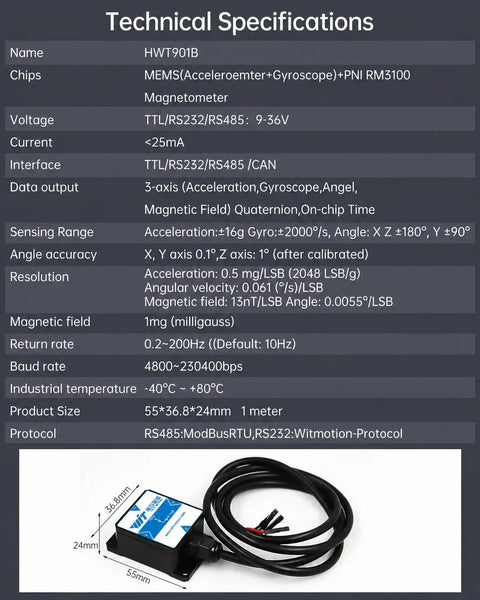 Beefy Nine-Axis Industrial Grade Accelerometer Inclinometer With MPU9250 Gyroscope Magnetometer And Digital Compass Altitude, IP67 Rugged Housing, Kalman Filtering, RM3100 Magnetometer Compensation, 0.2-200Hz Output Rate, 0.05 Degree XY Accuracy. Technical specs chart and 55x36.8x24mm sensor with cable
