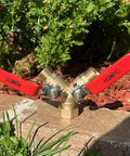 Heavy Duty Garden Hose Y Valve Splitter With Stainless Steel Long Handle And Brass Body Two Way Water Adapter Three Quarter Inch GHT Thread High Flow Full Port Spigot Splitter For Outdoor Garden Use, brass Y splitter with red handles