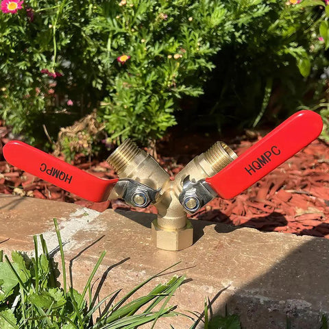 Heavy Duty Garden Hose Y Valve Splitter With Stainless Steel Long Handle And Brass Body Two Way Water Adapter Three Quarter Inch GHT Thread High Flow Full Port Spigot Splitter For Outdoor Garden Use, brass Y splitter with red handles