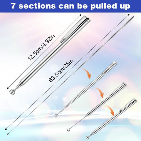 Diagram showing 7-section Telescoping Magnetic Pick Up Tool Set 25 Inch Reacher Grabber with Pocket Clip and extended lengths.