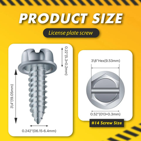 Upgraded 100 Pcs License Plate Screws Set With Rustproof Finish Slotted Hex Head Bolts dimensions diagram on yellow background