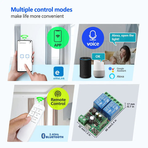 Two Channel WiFi Smart Relay Switch With 5V 12V 24V 36V DC Support Passive Output Ewelink App Control Works With Alexa And Google Home Inching And Self Locking Modes Remote On Off From Anywhere, 60x32mm board