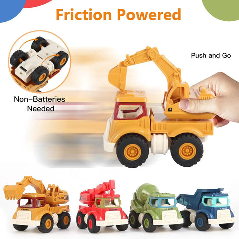 Awesome Realistic Kids Construction Toys Set With Excavator shown as a hand pushes yellow excavator truck, showcasing friction power.