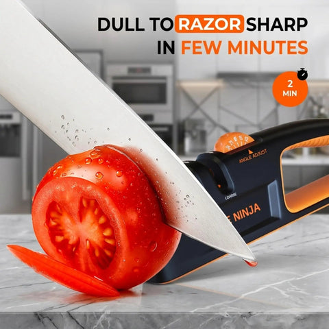 Sharp knife slicing tomato, showcasing Multi Angle Knife Sharpener With Five Angle Settings And Three Stage System For Home Cooks