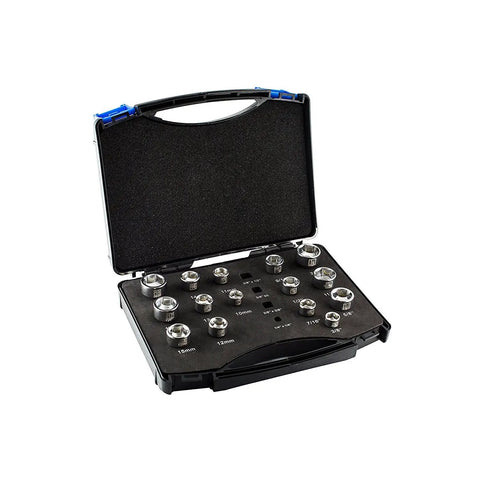 Low Profile Three Eighth Inch Drive Socket Set With Magnetic Inserts for Nuts and Bolts in carry case, standard and metric sizes.