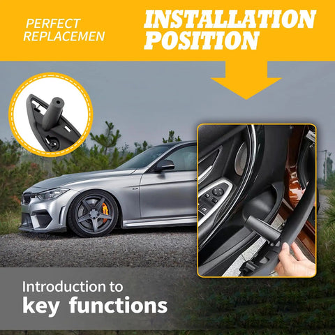 Front Left And Right Inner Door Pull Handles For BMW 3 Series F30 F31 2012 Through 2018 320i Replacement Inner Trim Door Handle Set OEM Style No Fuss Direct Fit Easy Install Long Lasting High Quality. Black plastic BMW door pull handle installed in front door trim