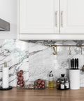 Brushed Nickel Cabinet Handles Set Of 10 Square Pulls 4-1/2 Inch Center To Center installed on white kitchen cabinets