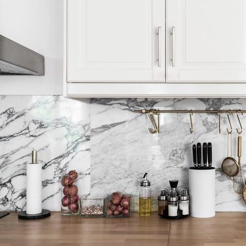 Brushed Nickel Cabinet Handles Set Of 10 Square Pulls 4-1/2 Inch Center To Center installed on white kitchen cabinets
