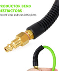 Close-up of Flexible One Quarter Inch 100 Foot Reinforced PU Air Hose With Fittings And Plug Kit's bend restrictor and connector.