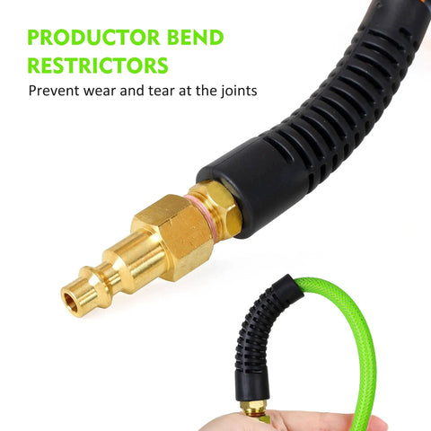 Close-up of Flexible One Quarter Inch 100 Foot Reinforced PU Air Hose With Fittings And Plug Kit's bend restrictor and connector.