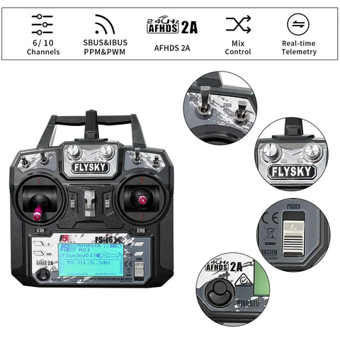 10 Channel 2.4GHz RC Transmitter With FS-iA6B Receiver for Drones, showing control knobs, switches, and screen details.