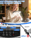 Woman knitting under Ultra Large Magnifying Glass With Light And Stand, showing LED settings and switch detail.