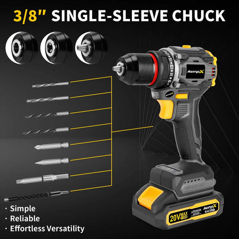 Brushless 20V Cordless Drill Set With 2 Batteries Lightweight 1.8 Pound Tool 60 Nm Peak Torque showing 3/8 inch chuck