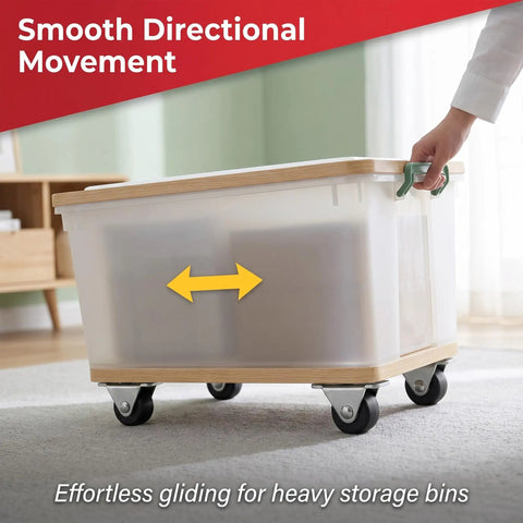 12 Pack Mini Rigid Caster Wheels Low Profile Non Swivel Fixed Casters For Furniture Drawers And Under Bed Storage, gliding smoothly under a storage bin.