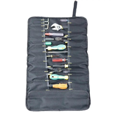 Portable Canvas Knife Roll Bag For Chef Knives And Cutlery, heavy-duty open case showing organized tools in slots