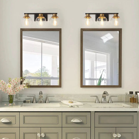 Three Light Black And Gold Vanity Light For Bathrooms Over Mirror With Globe Glass Shades, 22 Inch Modern Wall Sconce, E26 Base, Bulbs Not Included, Ideal For Bathroom, Hallway Or Bedroom