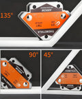 Themethla welding magnets set: four orange 25 lb magnetic welding holders with silver frames, shown front and side.