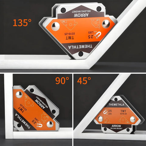 Themethla welding magnets set: four orange 25 lb magnetic welding holders with silver frames, shown front and side.