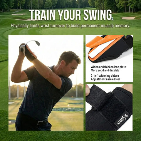 Male golfer using Golf Wrist Brace And Swing Trainer For Ambidextrous Use, Medical-Grade Splint Supports Post-Injury Recovery on course