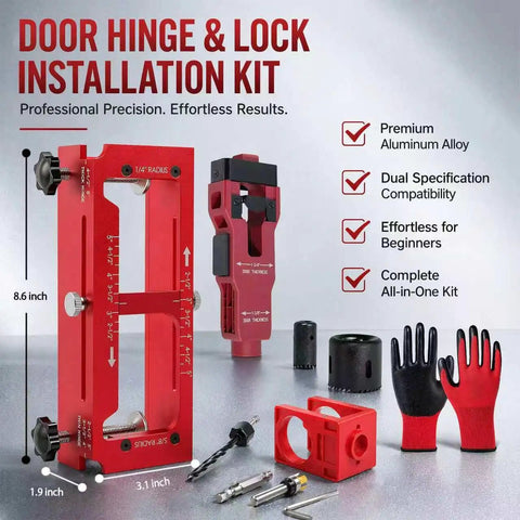 Heavy Duty Adjustable Aluminum Door Hinge Jig And Lock Installation Kit Featuring Precision Mortise Template and tools on table.