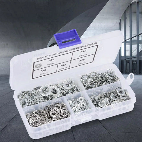 Heavy Duty Galvanized Serrated Lock Washer Set 700-Piece Fastening Kit for Automotive Marine and Home Appliances M3-M8