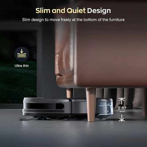2 In 1 Robot Vacuum And Mop With WiFi App Control fits under furniture, showcasing smart slim quiet design