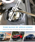 Grease Monkey Approved No Sweat Fuel Pump Removal Tool With Extended Lever Handle for easy gas tank lock ring wrench in use.