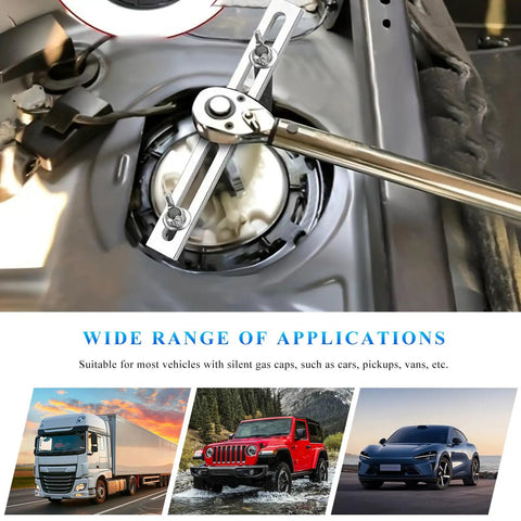 Grease Monkey Approved No Sweat Fuel Pump Removal Tool With Extended Lever Handle for easy gas tank lock ring wrench in use.
