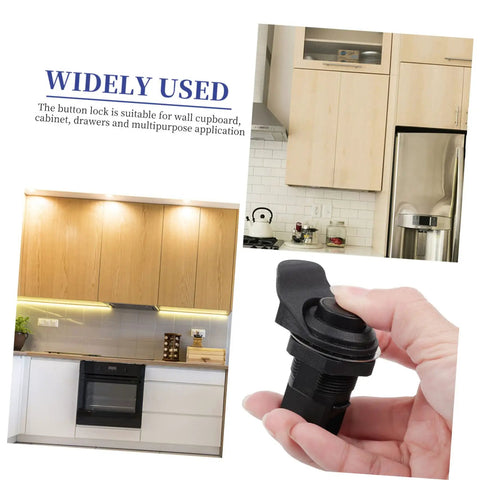 Keyless Push Button Cabinet Door Latch Built Tough Stainless Steel And Plastic Build showing hand holding latch, ideal for cabinets and drawers.