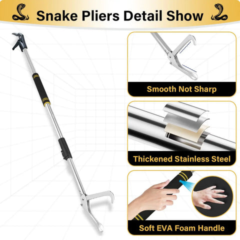 55 Inch Snake Grabber Tool With Long Reach Heavy Duty Folding Snake Tongs Wide Jaw Handling Tool For Rattlesnakes Pro Grade Stainless Steel Tube Safe Distance Catcher Black Yellow
