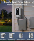 Dusk To Dawn Outdoor Timer Switch with Photocell Sensor installed on wall with landscape lighting, junction box below