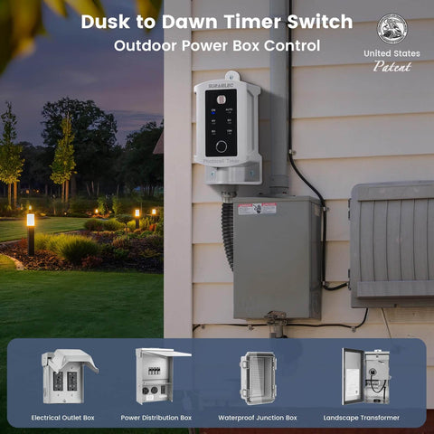 Dusk To Dawn Outdoor Timer Switch with Photocell Sensor installed on wall with landscape lighting, junction box below