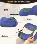 Monet Water Lilies Travel Neck Pillow with washable cover shown from side, back, and bottom views with memory foam support.