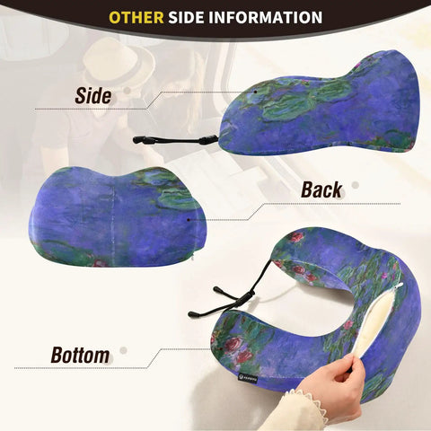 Monet Water Lilies Travel Neck Pillow with washable cover shown from side, back, and bottom views with memory foam support.