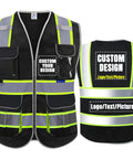 Heavy Duty Ansi Class II High Visibility Safety Vest For Men Custom Printed Logo Reflective Work Gear With Eight Rugged Storage Pockets Black Large Size front and back view