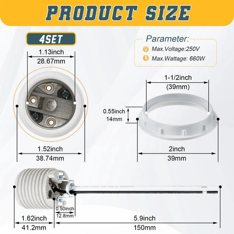 Product size diagram showing dimensions of Four Pack Medium Base E26 Ceramic Screw In Lighting Socket With White Decor Ring And Six Inch Pre Wired Lead For Led And Halogen Bulbs Hella Reliable With No Drama Setup.
