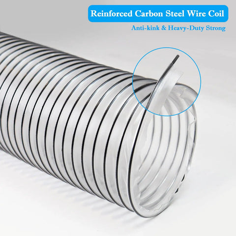 Close-up of Heavy Duty 3X50 Inch PVC Dust Collection Hose For Woodworking Shops showing reinforced carbon steel wire coil detail.