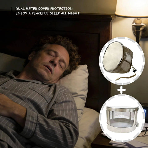 Man sleeping peacefully with Fabric-Covered Smart Meter Shield Box, showing Faraday cage performance and EMF protection features