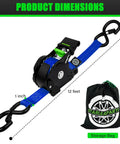 Self Retracting Tie Down Straps Heavy Duty Cargo Ratchet Harness Truck Bed Hauling Gear dimensions, 1 inch wide, 12 feet long with storage bag