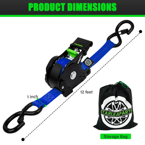 Self Retracting Tie Down Straps Heavy Duty Cargo Ratchet Harness Truck Bed Hauling Gear dimensions, 1 inch wide, 12 feet long with storage bag