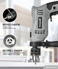 Corded Hammer Drill With 3000 RPM And 4.5 Amp Motor, Half Inch Keyed Metal Chuck, 5-Piece Bit Set, 360 Degree Rotating Handle