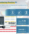 Components of LED Hands On Follow Light Soldering Kit For Beginners And Teens Fun DIY Electronics Project For Schools Learn Soldering With Moveable XY Axis Light Button Controls Adjustable Speed Educational STEM Kit displayed with tools and difficulty rating.