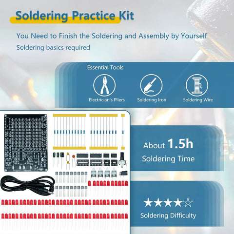 Components of LED Hands On Follow Light Soldering Kit For Beginners And Teens Fun DIY Electronics Project For Schools Learn Soldering With Moveable XY Axis Light Button Controls Adjustable Speed Educational STEM Kit displayed with tools and difficulty rating.