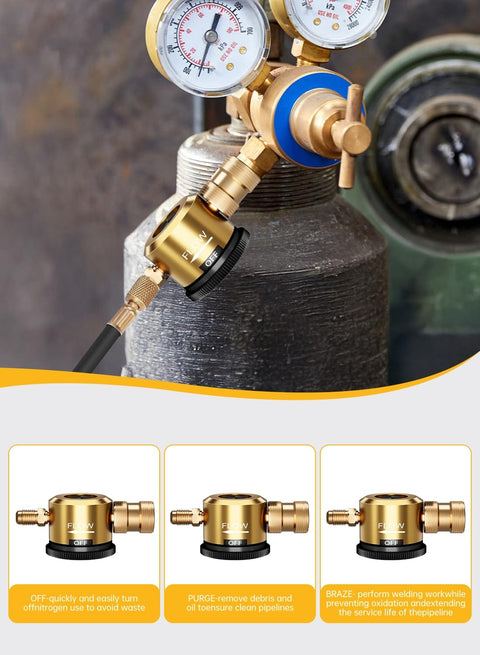 Close-up of HVAC Nitrogen Purge Tool and Regulator Kit on cylinder, highlighting brass fittings and pressure gauges for precise purging
