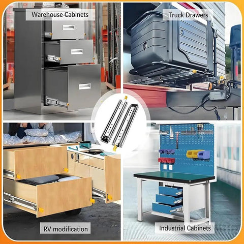 Heavy Duty Full Extension Drawer Slides With Ball Bearing Side Mount Locking Rails For Kitchen Cabinets And Toolboxes in various applications.