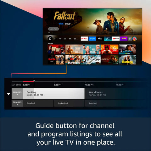 Fire TV Alexa Voice Remote Enhanced interface showing channel and program guide on a smart TV screen.