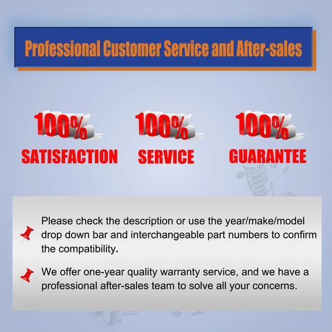 Professional customer service and after-sales graphic with 100% satisfaction, service, and guarantee statements.